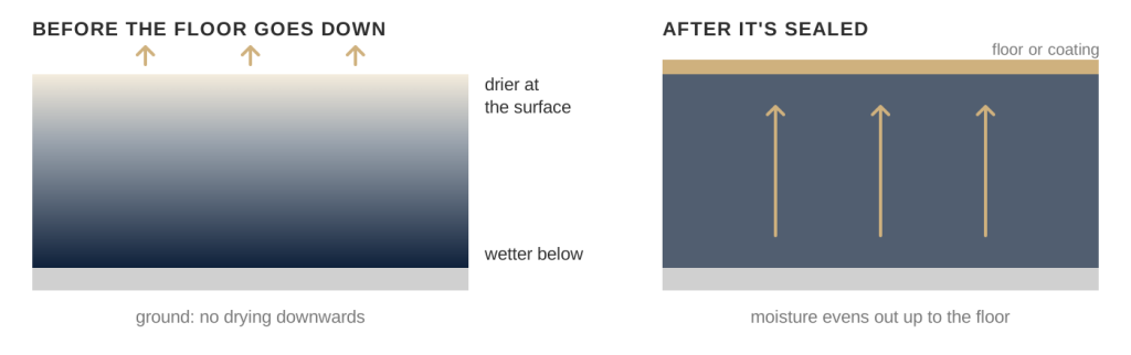 Diagram of a concrete slab drying from the top only, then moisture evening out upwards once a floor covering seals it